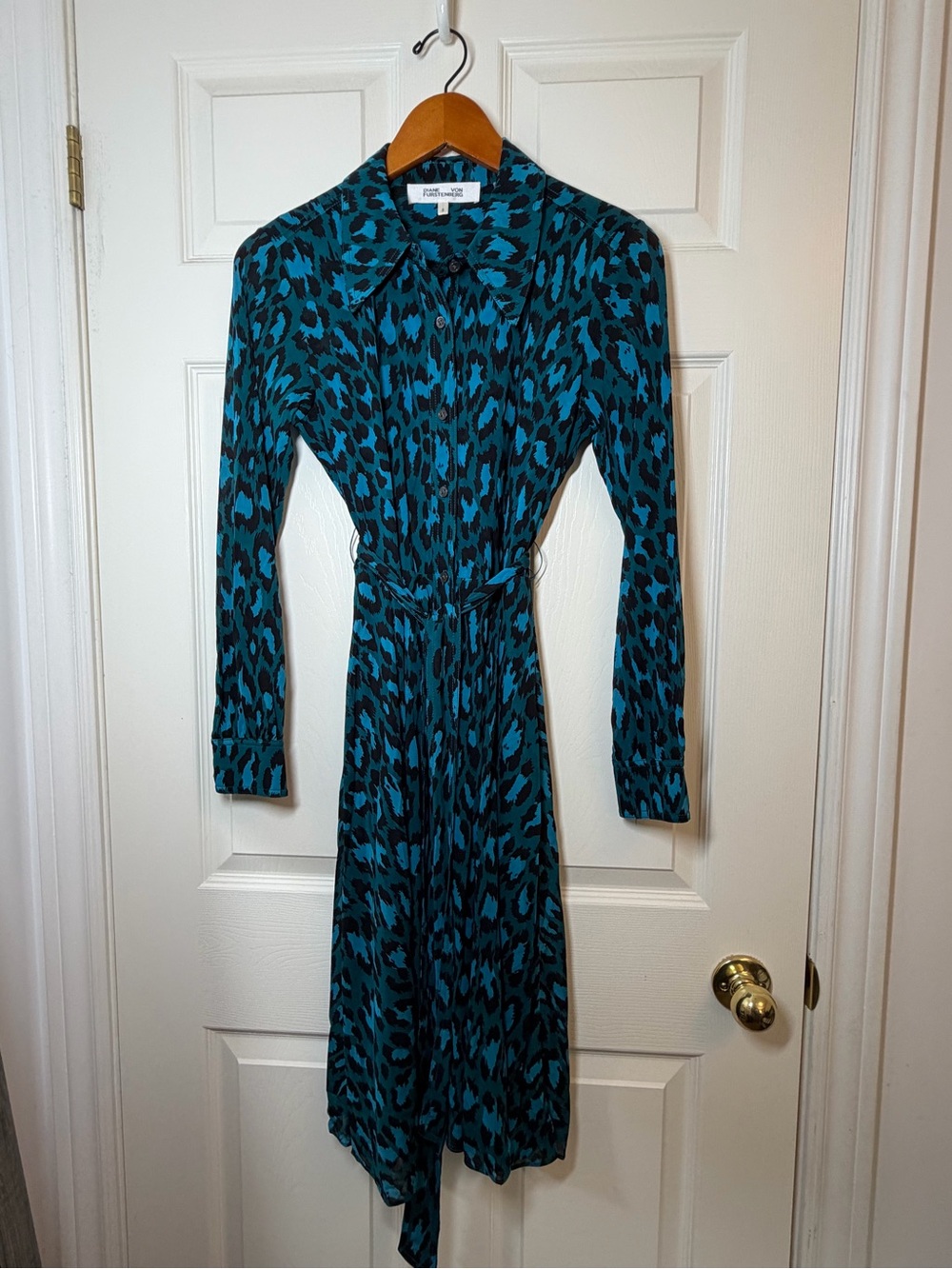 Diane Von Furstenberg Teal and Black Long-Sleeve Shirt Dress